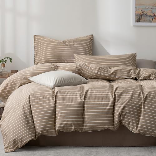 JELLYMONI 100% Cotton Wide Striped Full Duvet Cover Set, White/Tan | Classic Stripes, 8 Corner Ties & Double-Head Hidden Zipper, Breathable and Soft, For Guest Room - color: Wide Striped - Tan/ White, size: Full(80"×90")