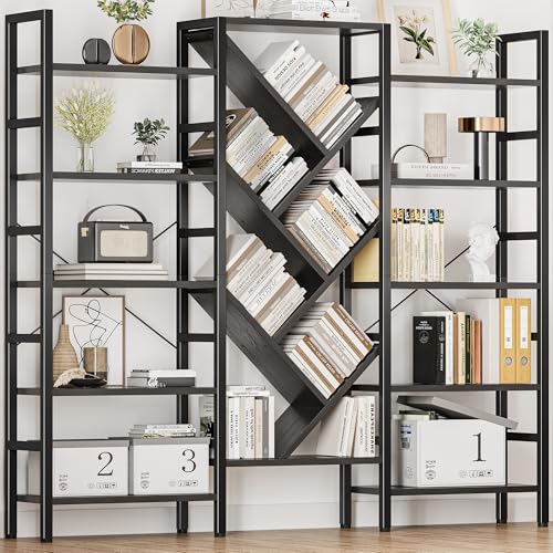 70x70” Triple 5 Tier Book Shelf, Large Wooden Bookcase with 17 Open Display Shelf, Modern Tree Bookshelf Metal Frame Tall Book Case Furniture for Living Room Bedroom Home Office Black - color: Black, size: 5 tier