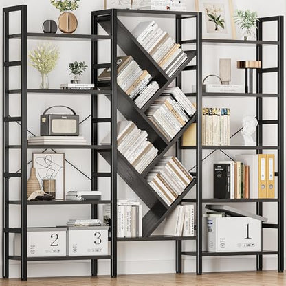 70x70” Triple 5 Tier Book Shelf, Large Wooden Bookcase with 17 Open Display Shelf, Modern Tree Bookshelf Metal Frame Tall Book Case Furniture for Living Room Bedroom Home Office Black - color: Black, size: 5 tier