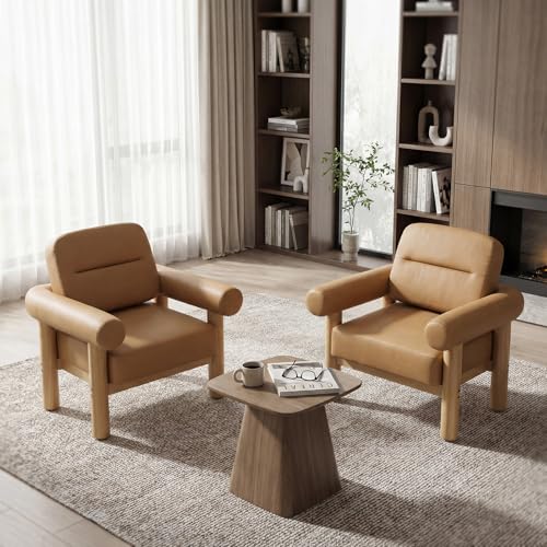 HNY 1-Pack Mid-Century Faux Leather Barrel Chair, Light Brown | Comfy Round Upholstered Armchair, Solid Wood Frame With Open Back, Lounge Side Club Chair for Living Room, Bedroom, Office - color: Light Brown, size: 1