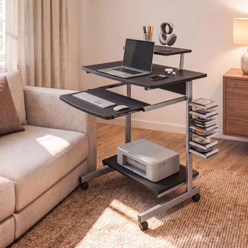Techni Mobili Rolling Computer Desk Cart w/ Keyboard Tray & Wheels, Black | Locking casters, printer stand, office cart, compact desk, home office, small space computer workstation