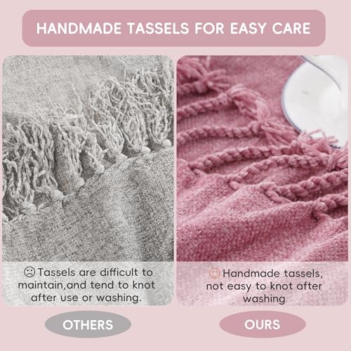 BATTILO HOME Pink Chenille Throw Blanket for Couch, Soft Cozy Textured Knit Throw Blanket with Handmade Fringe Tassels, Lightweight Decorative Farmhouse Blanket for Sofa Bed Chair, 50"x60" | Soft Chenille Knit with Handmade Fringe Tassels, Lightweight, Co