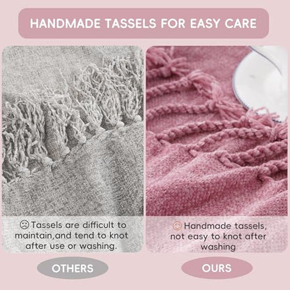 BATTILO HOME Pink Chenille Throw Blanket for Couch, Soft Cozy Textured Knit Throw Blanket with Handmade Fringe Tassels, Lightweight Decorative Farmhouse Blanket for Sofa Bed Chair, 50"x60" | Soft Chenille Knit with Handmade Fringe Tassels, Lightweight, Co