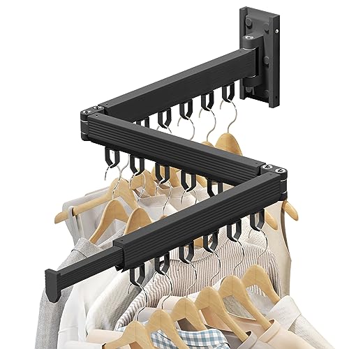 Wall Mounted Foldable Clothes Drying Rack, Heavy Duty 3-Fold Laundry Airer with Ring Hook Design, Space Saving Aluminum Rack for Balcony Bathroom Laundry Room,Black Rings - style: Black-Rings