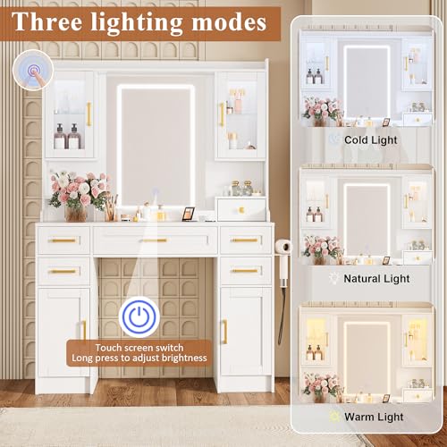 Vanity Desk with Mirror and LED Lights & Power Outlet | Large Makeup Vanity Table with 5 Drawers and 4 Storage Cabinets, White Dressing Table for Bedroom - size: 043 Pure White