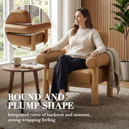 HNY 1-Pack Mid-Century Faux Leather Barrel Chair, Light Brown | Comfy Round Upholstered Armchair, Solid Wood Frame With Open Back, Lounge Side Club Chair for Living Room, Bedroom, Office - color: Light Brown, size: 1