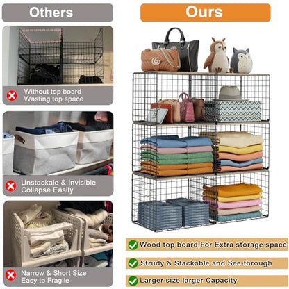 Widened & Heightened Closet Organizers And Storage Shelves With Top Board, Set of 3 Stackable Closet Shelf Organizer Storage Bin Basket For Clothes Sweaters,Space-saving, Sturdy,Wider Higher Size