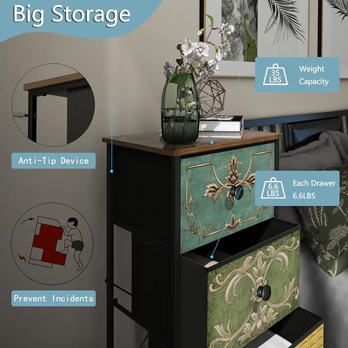 Small Dresser for Bedroom with Retro Flower Narrow Drawers Slim Chest of Drawers Skinny Nightstand Sofa End Table for Living Room Entryway Closet Storage (Multi, 3 Drawers) - size: 11.8"D x 15.8"W x 29.1"H (3 Drawers)