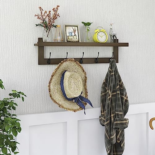 SMIBUY Coat Hooks with Shelf Wall-Mounted, 29.2 Inch Entryway Coat Rack for Wall, Bamboo Hanging Shelf with 5 Double Metal Hooks for Bathroom, Bedroom, Kitchen, Living Room, Mudroom (Walnut) - color: Walnut+Black