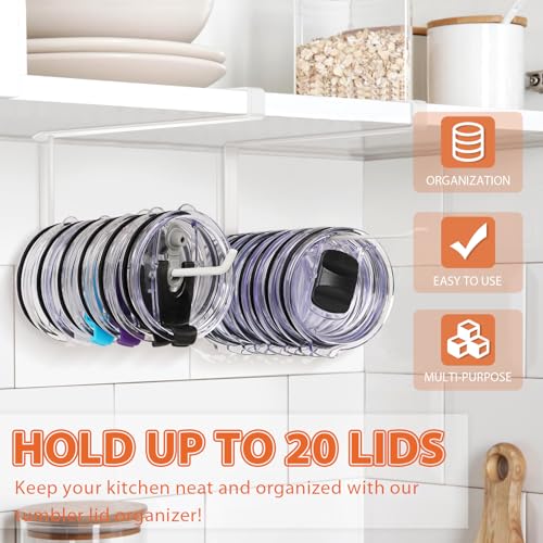 2 Pack Tumbler Lid Organizer, Versatile Storage Holds 20 Lids, Round&Flat | Space Saving Cup Lid Organizers Inside Cabinet Tumbler Lid Hook for Pantry Kitchen Organizer, Paper Towel Rack Hanger, White - color: White, size: 2 Pack(Round&Flat)