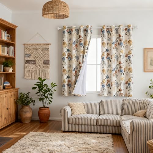 MYSKY HOME 100% Blackout Linen Floral Curtains 63 Inch Long 2 Panels for Bedroom Farmhouse Flower Patterned Double Layer Thermal Insulated Black Out Grommet Window Treatments, Yellow, 52" W Each Panel - size: 52"W x 63"L (Pack of 2)