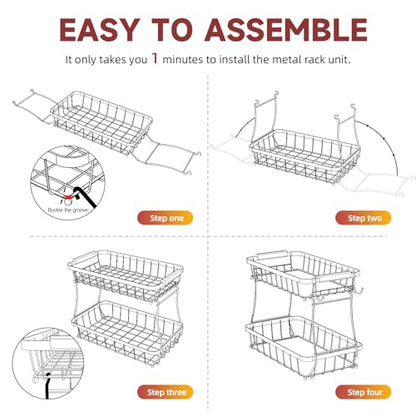 2-Tier Fruit Basket with Banana Hangers, Detachable Metal Bowl | Wooden handle, protective mats included. Versatile holder for bread, snacks, and veggies. Extra Large 2 tier metal design. - color: Black, size: 2 Tier Extra Large