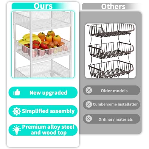 HapiRm Fruit Basket Kitchen Cart - 4-Tier Rolling Storage Cart with Wheels, Wood Top Utility Pantry Cart for Vegetables, Potatoes, Onions, Bread, Snacks - color: White