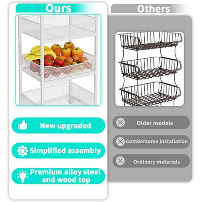 HapiRm Fruit Basket Kitchen Cart - 4-Tier Rolling Storage Cart with Wheels, Wood Top Utility Pantry Cart for Vegetables, Potatoes, Onions, Bread, Snacks - color: White