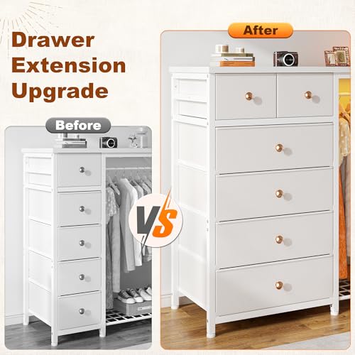 EnHomee 125cm W 드레서, 걸이용 랙 및 서랍 6개, 그리드 패널 및 후크 4개 포함 | LED 조명 및 충전 스테이션, 침실용 나무 상단 정리 유닛, 스틸 프레임이 있는 서랍장, 화이트 - color: 화이트.