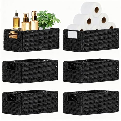 6 Pcs Small Wicker Baskets, Wicker Woven Storage Basket with Handle | Toilet Paper Baskets Towel Basket Foldable Cube Storage Organizer Bins for Shelves, Black - color: Black