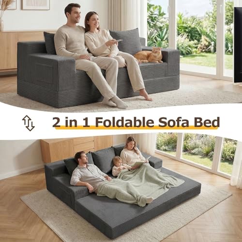 cidludto Convertible Sofa Bed, 78" Oversized Boneless Loveseat Couch 2 in 1 Foldable Futn Bed Couch in A Box, Folding Sofa Chair for Living Room, No Assembly Required, Grey - color: Grey, size: Three Seat-78''