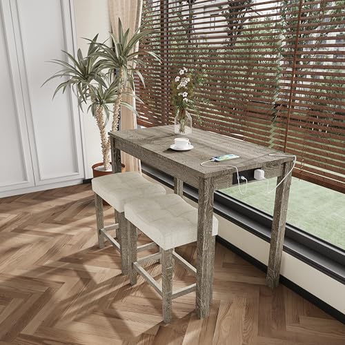 allamazing 3-Piece Counter Height Bar Table Set with Socket and 2 Fabric Padded Bar Stools, Tall Kitchen Breakfast Dining Table Set with Stools (1+2 Natural) - color: 1+2 Natural
