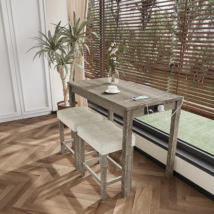 allamazing 3-Piece Counter Height Bar Table Set with Socket and 2 Fabric Padded Bar Stools, Tall Kitchen Breakfast Dining Table Set with Stools (1+2 Natural) - color: 1+2 Natural