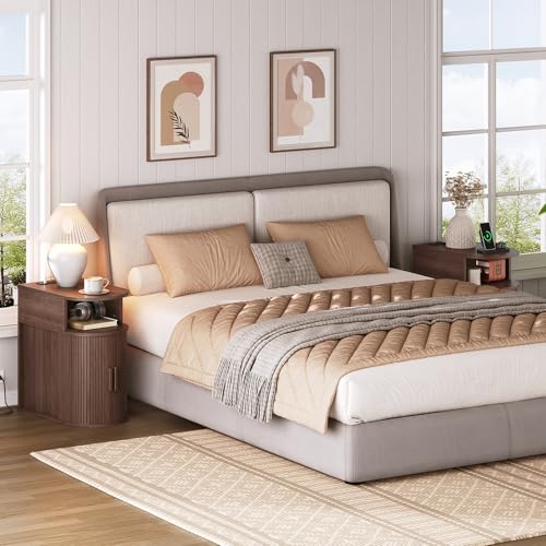 Narrow End Table with Charging Station, Fluted Sofa Side Table with Sliding Curved Door and Storage Shelf, Mid-Century Bedside Table, Modern Nightstand for Living Room, Bedroom, Walnut - color: Walnut