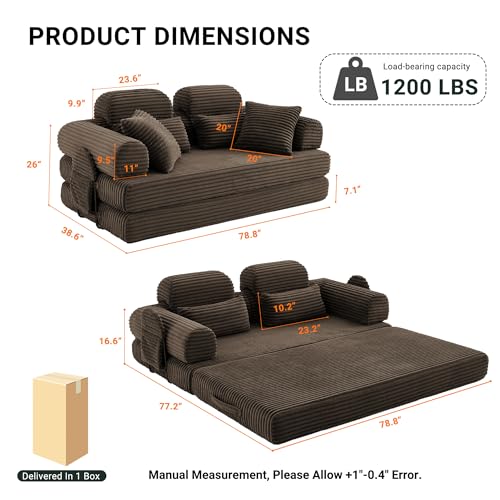 79" Convertible Sofa Bed with Side Pockets, 5-in-1 Corduroy Memory Foam Boneless Couch, Sleeper Loveseat, No Assembly Required, Folding Couches for Living Room (Brown) - color: Brown, size: 79" High Backrest Sofa with Pocket