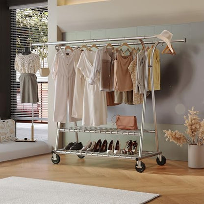 Raybee Heavy Duty Clothes Rack, 78" W Extra-Large Loads 630LBS, Expandable | Tool-Free Assembly, Double Rods & Shelves, Lockable Wheels, Commercial, Portable, For Closet, Laundry Room