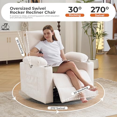 Rocking Chair Nursery with Adjustable Armrests, Electric Glider Recliner Nursing Chair, Power Swivel Recliner Chairs with Massage and Heat, Adjustable Headrest, FSC Certified, White - color: White, size: Power Recliner