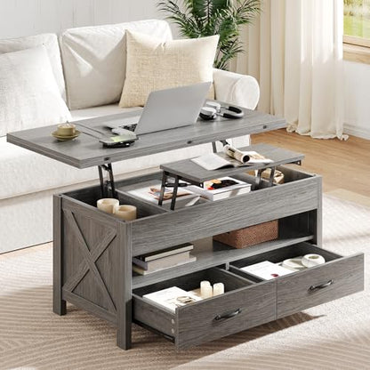 Amada 39" Lift Top Coffee Table with Drawer, Shelf, Hidden Storage, Grey | Modern farmhouse style, quiet and stable lifting system, CARB-certified, 4-in-1 table for dining, working, reading, relaxing - color: Wash Grey