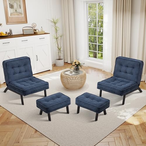 ANJ Accent Chair Set of 2 with Ottoman Adjustable Backrest, Blue Tufted Upholstered Lounge Chairs with Footrest, Modern Cozy Reclining Chairs for Living Room Bedroom Reading Nook - color: Blue, size: 2