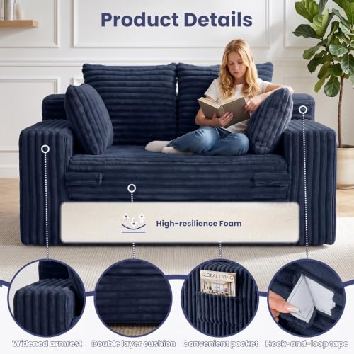 3-in-1 Convertible Sofa Bed: Boneless Loveseat Sleeper & Folding Couch Bed with 4 Pillows & Detachable Cushion,Furry Futon Couch for Bedroom,Apartment,Office and Living Room, No Assembly,Blue - color: Blue, size: Loveseat Sofa