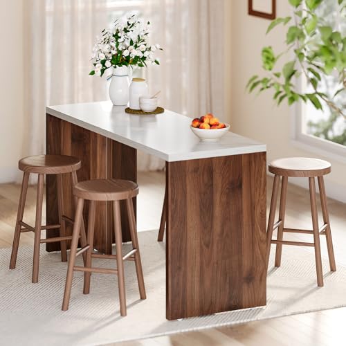LITTLE TREE Home Bar Table, 55-Inch Long Counter Height Pub Table with a Faux Marble Finished Tabletop, Narrow Rectangular Indoor Bar Unit for Home, Kitchen, White & Walnut
