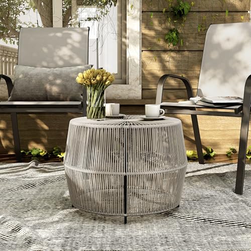 Furniture of America Ysar Boho Rattan Round Coffee Table Outdoor with Metal Frame, All-Weather and Rust Resistant, Handcrafted Coastal Furniture for Patio, Poolside, Garden, Yard, Gray - color: Grey/18.9 In.