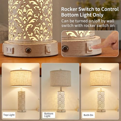SAIWEYA 26" Farmhouse Table Lamp for Living Room Bedroom, Dimmable Touch | 3 Way Dimmable, 2 USB Ports + AC Outlet Bedside Lamp for Nightstand, LED Bulb Included, Fabric Shade, Flower Metal Body - color: Black-26in
