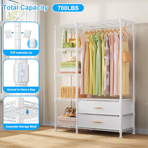 F3 Heavy Duty Clothes Rack（With Fabric Drawers）Freestanding Clothing Racks for Hanging Clothes，Adjustable Closet Organizer System，Portable Garment Rack 40" W x 15" D x 72" H，Max Load 700LBS，White - color: White, style: Freestanding