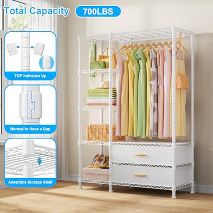 F3 Heavy Duty Clothes Rack（With Fabric Drawers）Freestanding Clothing Racks for Hanging Clothes，Adjustable Closet Organizer System，Portable Garment Rack 40" W x 15" D x 72" H，Max Load 700LBS，White - color: White, style: Freestanding