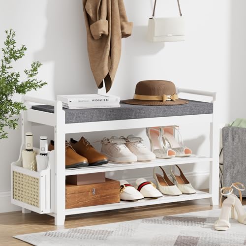Homaxy 2-Tier Shoe Rack Bench, 31.5 in, White and Dark Grey | Bamboo Entryway Bench, with Side Holder, Shoe Rack Organizer with Cushion for Front Entrance, Hallway Living Room Bedroom - color: White and Dark Grey, size: 31.5 in