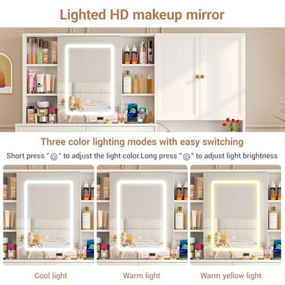 Vabches 58.6" Large Vanity Desk with Sliding Mirror & Lights, White | Makeup Vanity Table & Nightstand Combo with Power Outlet and 6 Drawers 15 Shelves with Light Strips for Bedroom