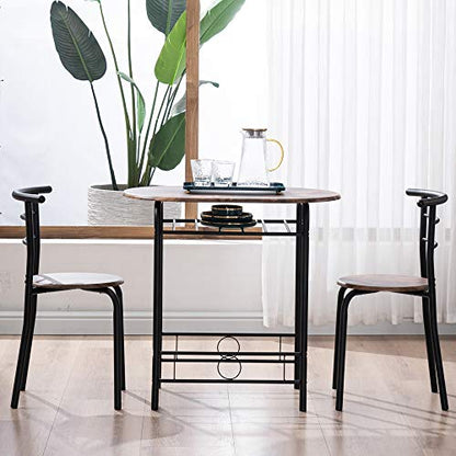 VINGLI 3 Piece Dining Set, Small Kitchen Table Set for 2, Breakfast Table Set, Kitchen Wooden Table with 2 Chairs for Small Space/Dining Room/Apartment, Metal Frame, Wine Rack, Burnt Brown - color: Burnt Brown