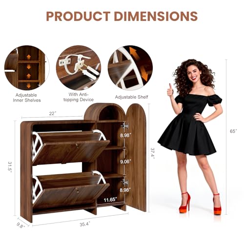 Arched Cabinet with Doors-Shoe Cabinet,Hidden Shoe Rack,Shoe Stand for Entryway Compact Shoe Storage in Walnut Finishes,Mid-Century Style for Entryway - color: Walnut, size: 35.43"D x 9.8"W x 37.4"H（Arched）