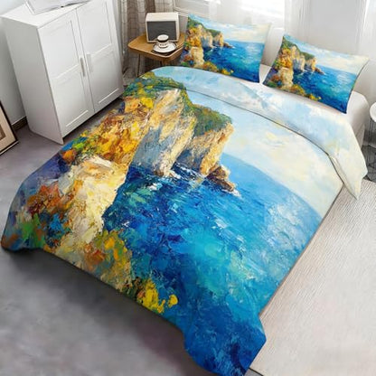Ocean Bedding Duvet Cover Cliff Graphic Comforter Set | Turquoise Sea Duvet Cover Twin, 3 Pieces with 2 Pillowcases, Reversible Sunlit Coast Bedding with Zipper - color: Cliff Graphic, size: Twin (68 x 88 in)
