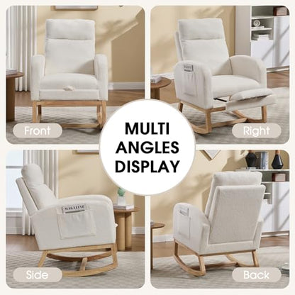 Rocking Chair Nursing, Rocker Chair with Footrest (White Modern) | Teddy Boucle Upholstered Accent Reading Chair with High Back & Side Pocket for Living Room Bedroom Nursery Office - color: White Modern