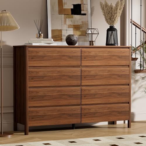 Furniway 55" Mid-Century Modern Dresser for Bedroom, 8 Drawer Wide Chest of Drawers with Wood Legs, Large Storage Bedroom Dresser, Walnut - size: 8 Drawers