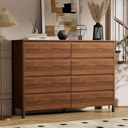 Furniway 55" Mid-Century Modern Dresser for Bedroom, 8 Drawer Wide Chest of Drawers with Wood Legs, Large Storage Bedroom Dresser, Walnut - size: 8 Drawers