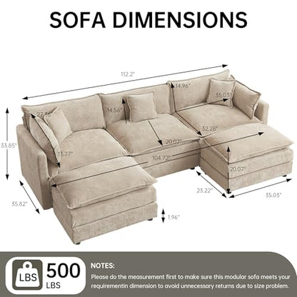 HIPIHOM Modular Sectional Sofa, 112.2 Inch U Shaped Couch Set with Armrests, 3-Seater Comfy Cloud Couches for Living Room Apartment, Coffee - color: Coffee, size: 112'' - U Shape