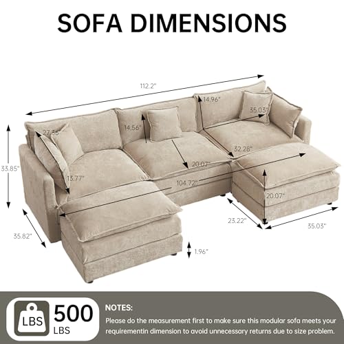 HIPIHOM Modular Sectional Sofa, 112.2 Inch U Shaped Couch Set with Armrests, 3-Seater Comfy Cloud Couches for Living Room Apartment, Coffee - color: Coffee, size: 112'' - U Shape