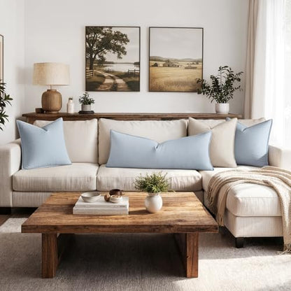 MIULEE 장식용 리넨 요추 베개 커버 35.6x91.4cm 라이트 블루 | Boho Farmhouse 소파 침대용 롱 스로우 베개, 액센트 코스탈 모던 베개 커버 1팩, 소파 거실 홈 데코 - color: 라이트 블루, size: 36" x 14" (Pack of 1)