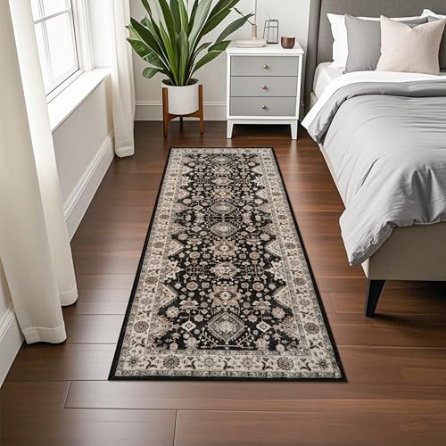 Washable Hallway Runner Rug 2x5: Non Slip Runner Rugs with Rubber Backing | Soft Kitchen Rug Farmhouse Distressed Carpet Runner for Living Room Bedroom Bathroom - Black Throw Rug Stain-Resistant Thin - color: Black, size: 2' x 5' (Rectangular)