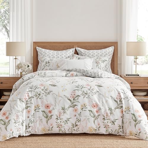 Levtex Home Viviana Reversible Full/Queen Comforter Set (90x94in) with 2 Pillowcases (26x20in) - Floral - Blush, Green, White - 100% Cotton Full/Queen Size Comforter Set - Soft, Pre-Washed - color: Multicolor, size: Comforter - Full/Queen