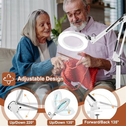 LANCOSC 15X Magnifying Glass with Light and Stand, 3-in-1 Adjustable Swing Floor Lamp, 5 Color Modes Stepless Dimmable, LED Lighted Hands Free Magnifier & Clamp for Reading, Crafts, Painting - White - color: White