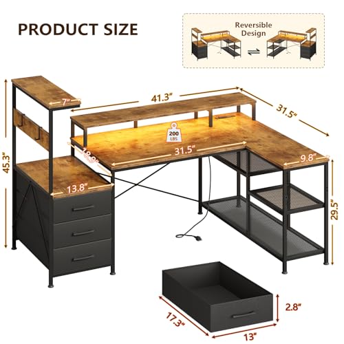 L Shaped Gaming Desk with Drawers & Storage Shelves for Game, Home Office | Corner Gaming Desk with Power Outlets & LED Light, Reversible Computer Desk with Monitor Stand & Hooks, Rustic Brown - color: Rustic Brown